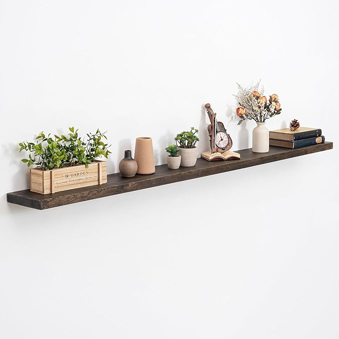 Floating Shelves, 8" Deep Rustic Solid Elm Wood Wall Mounted Floating Shelves, Wall Shelves with Invisible Bracket for Living Room Bathroom Bedroom Kitchen, 72 Inch, Walnut
