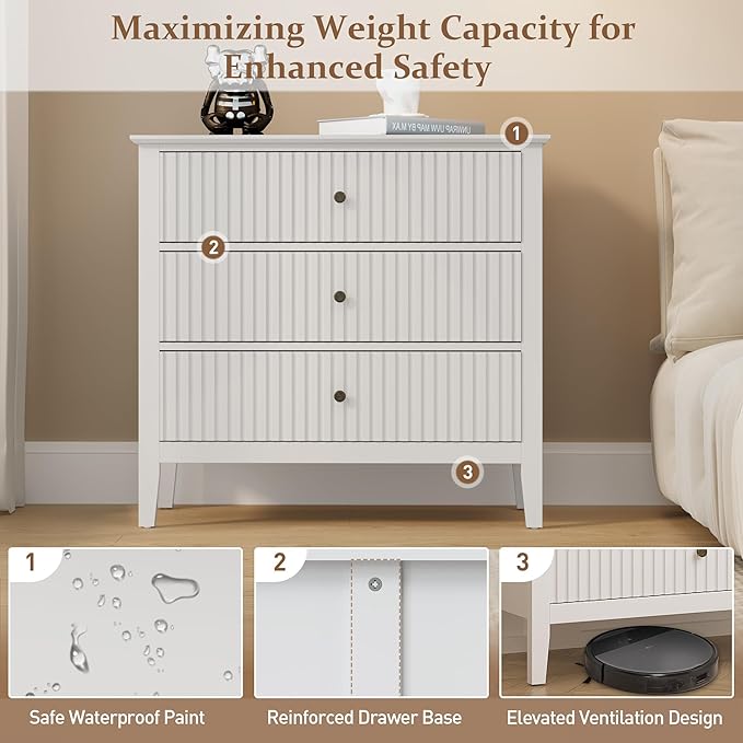 Large White 3 Drawer Dresser, Painted 30 Inch Tall Wood Nightstand with Storage, Wide Modern Chest of Drawers with Ball Bearing Slide for Bedroom Hallway Living Room Entryway Office
