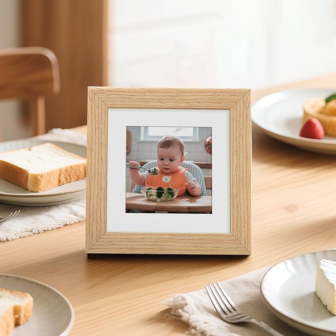 upsimples 4x4 Picture Frame, Natural Solid Wooden Picture Frames, Display 3x3 with Mat or 4 x 4 Without Mat, Wall or Tabletop, 1 Pack, Natural