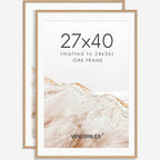 27x40 Poster Frame Set of 2 Natural Solid Oak Photo Frames with 24x36 Removable Mat Wall Hanging Large Handcrafted Frame with HD Plexiglass Wall and Tabletop Display Large Picture Frame