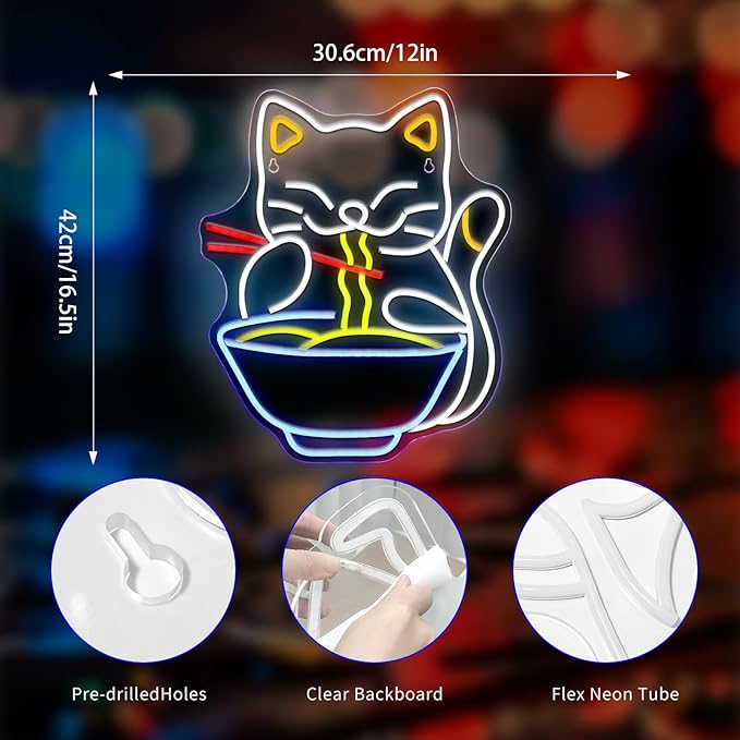 Neon Sign, Cat Ramen Neon Signs for Wall Decor Neon LED Signs Room Neon Light Up Signs Home Decor for Business Restaurant Bedroom Club Party Bars Shop Decoration USB Operated