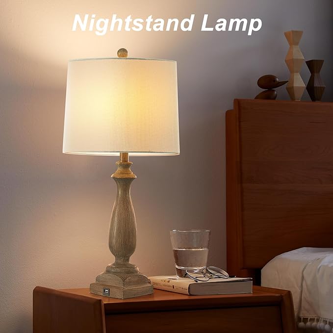 𝟐𝟔-𝐈𝐍𝐂𝐇 Rustic Table Lamp Set of 2 for Living Room, Vintage Farmhouse Bedside Lamp with USB Charging Port, 3 Way Dimmable Resin Nightstand Lamps with White Shade for Bedroom, End Table
