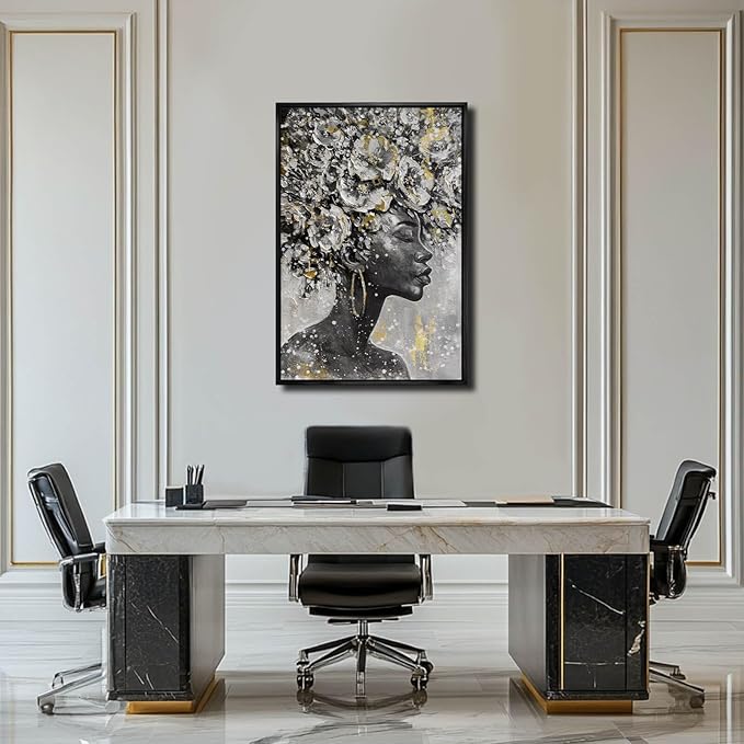 MLART99 Gold African American Wall Art Black Woman Wall Decor with Frame Vertical Floral Canvas Painting Modern Print Bedroom Living Room Decor 24x36 Inch
