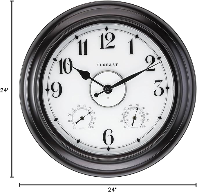 CLXEAST 24 Inch LED Self-Illuminated Outdoor Metal Clocks Waterproof, Large Lighted Outdoor Clock with Temperature and Humidity,House Warming Gifts New Home,Oil Rubbed Bronze Black