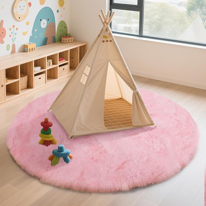 Pink Fluffy Round Area Rugs for Bedroom,6'X6'Shag Circle Area Rugs for Girls Room,Non Slip Fuzzy Plush Rug for Kids Room Living Room and Dorm Home Decor Rug