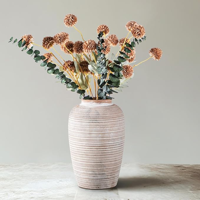 6 Artificial Silk Flowers + 3 Eucalyptus, Artificial Chrysanthemums with Stems for Home Decor, Light Taupe
