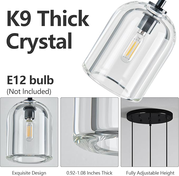 Modern Black Pendant Lights Kitchen Island Ceiling Chandelier Indoor Crystal Hanging Light Fixtures for Dining Room Kitchen Living Room Bedroom（3Light）