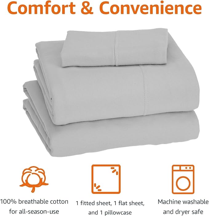 Amazon Basics 3 Piece Bed Sheets Set, 100% Cotton Jersey, Includes Super Soft, Flat and Fitted Sheets, Pillowcase, Toddler, Light Gray, Solid