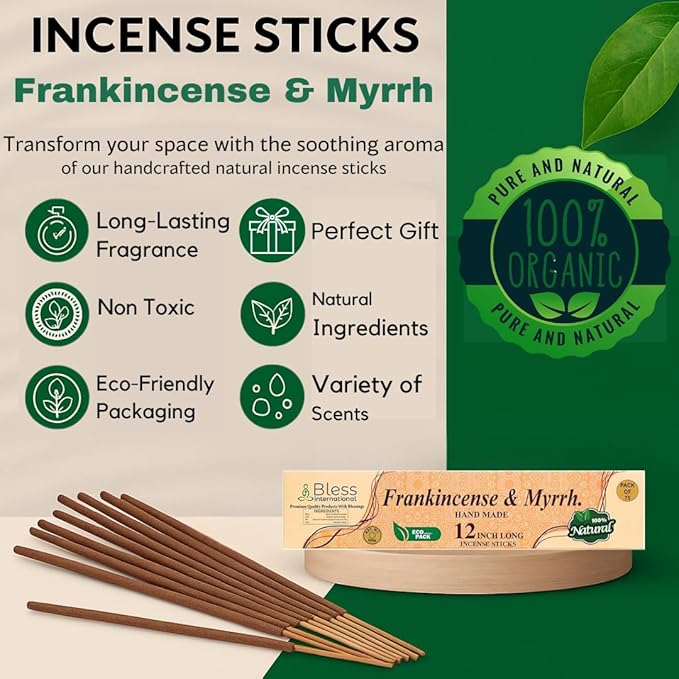 Bless-International-Frankincense-and-Myrrh 100%-Natural-Handmade-Incense-Sticks Organic-Chemicals-Free-for-Relaxation-Positivity-Yoga-Meditation 12-Inches-1-Hour-Plus-Burning-Time-150-Sticks-14-OZ