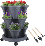 Vertical Planter 3 Tier Stackable Planters Garden Planters Strawberry Herb Flower and Vegetable Planter Indoor Outdoor Gardening Pots with Removable Wheels and Tools