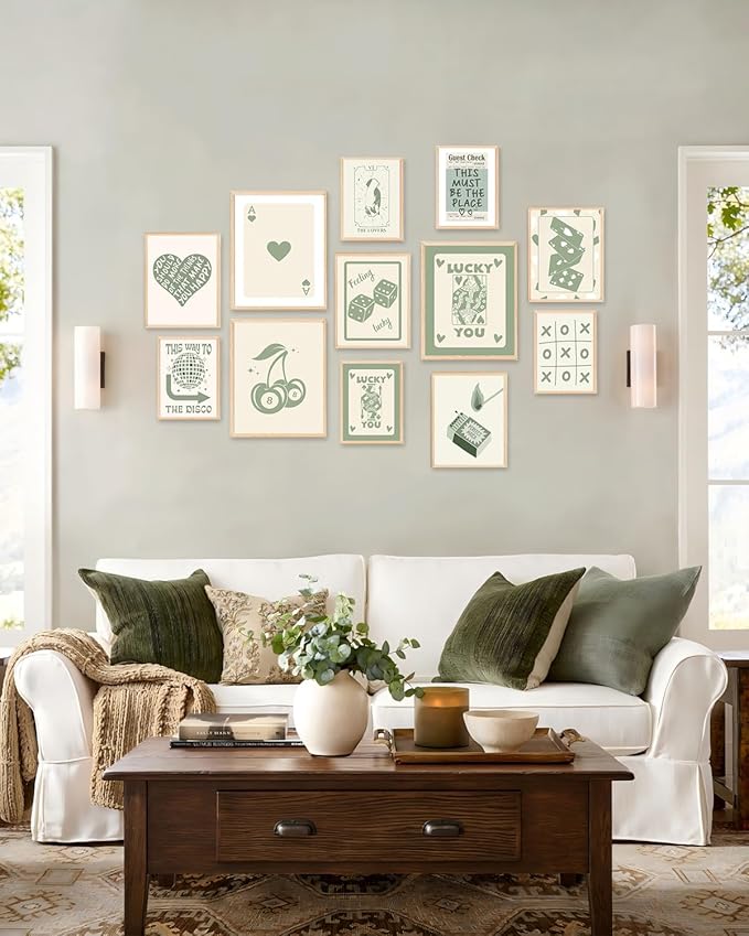 KBKBART Green Lucky Poster Set of 12, Retro Sage Green Playing Card Wall Art, Trendy Green Wall Art Aesthetic Pictures, Poker Room Decor, Funky Ace Card Prints Queen of Hearts Decor, Lucky You Poster for Bedroom Dorm Decor - UNFRAMED