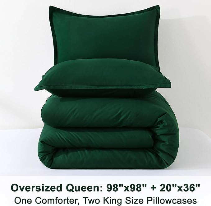 Litanika Comforters Emerald Green Oversized Queen Size, 3 Pieces Lightweight Solid Bedding Comforter Set, All Season Fluffy Bed Set (98x98In Comforter & 2 Pillowcases)