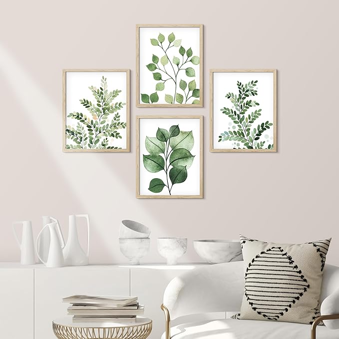 SIGNWIN Framed Green Pastel Forest Fern Leaf Wall Art, Set of 4 Collage Nature Garden Wall Decor Prints, Nature Wilderness Wall D¨¦cor for Living Room, Bedroom - 12"x16" Natural