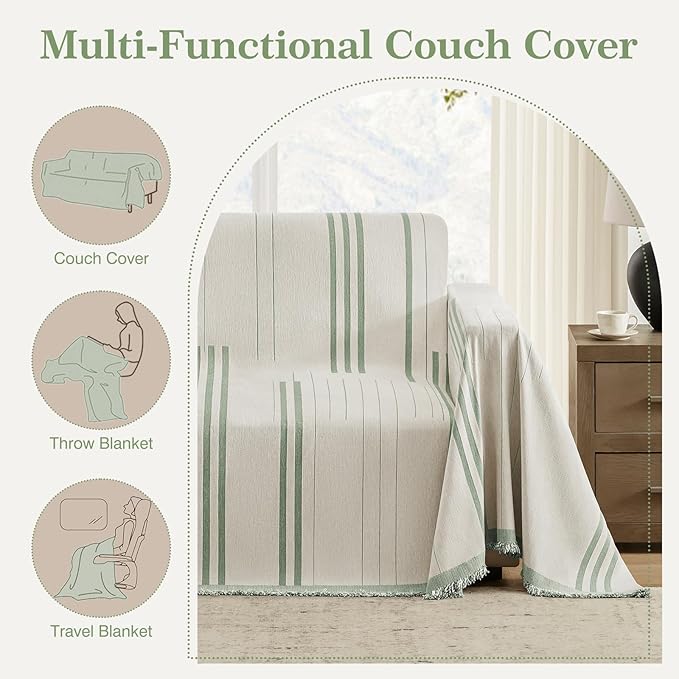 Boho Couch Cover Washable Sectional Couch Covers for Dogs Reversible Sofa Slipcover for 2 or 3 Cushion Couch Pet Friendly Furniture Protector (2# Sage Green, 71" x 118")