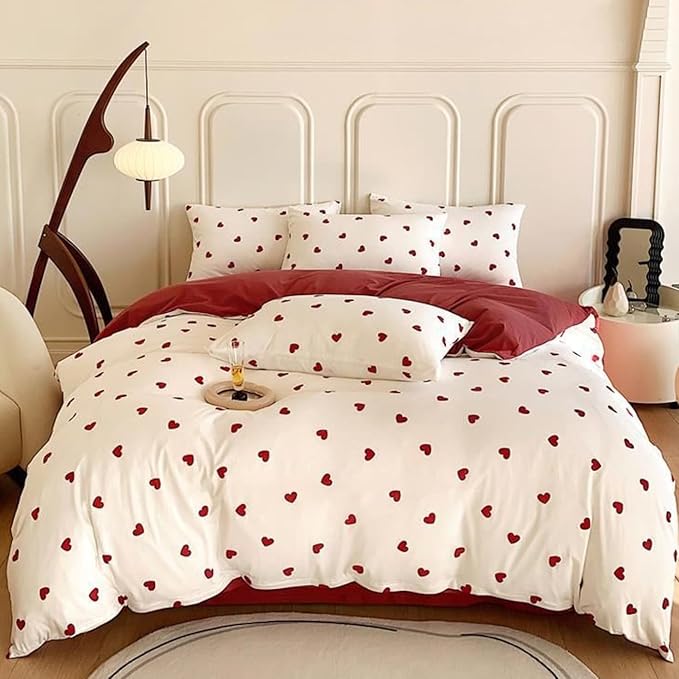 Heart Comforter Set Twin Size - 2 Pieces Red White Heart Comforter Bedding Sets for Girls Kids,Twin Bed in a Bag with Heart Love Comforter and 1 Pillowcase