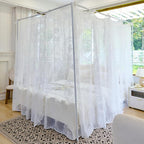 AIKASY Elegant Lace Princess 4-Poster Bed Canopy Mosquito Net - Romantic Wedding Bridal Bedroom Decor, Kids Room Bed Curtain for Women Adults - (White-2,Queen)