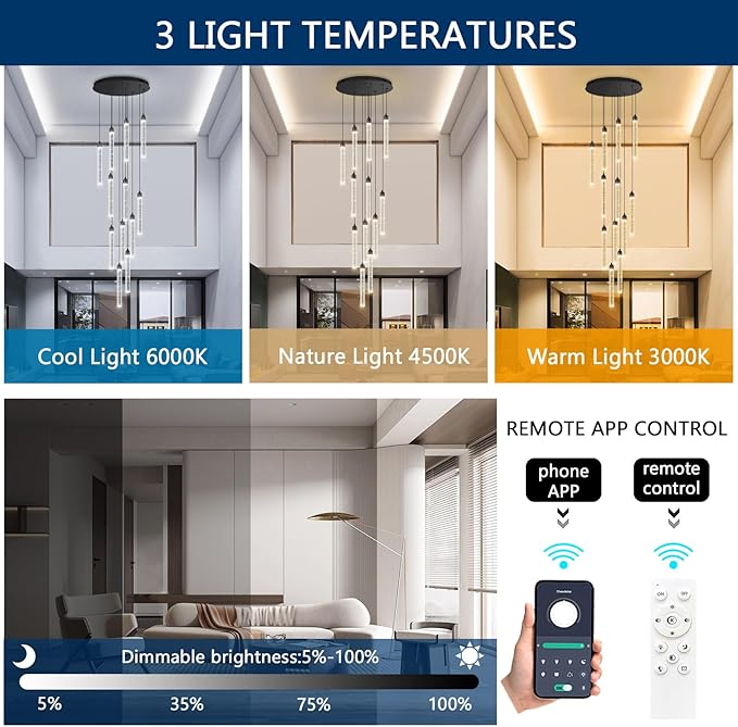 12-Lights Chandelier LED Dimmable Chandeliers for Entryway Flush Mount Ceiling Pendant Light Fixture Crystal Chandeliers for Living Room Black Finished Lighting Modern High Ceiling Chandelier