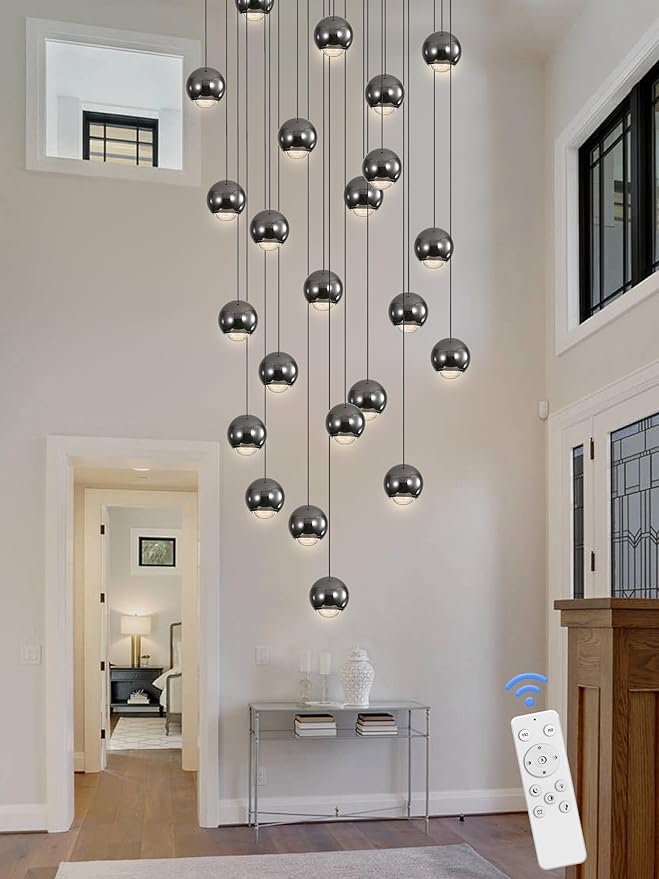 Farmhouse Crystal Chandelier, Luxury Hanging Lights High Ceiling Pendant Lighting for Foyer Staircase 24 Lights Black Chandelier Dimmable 2700k-6000k