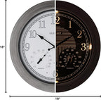 CLXEAST 18 Inch Farmhouse Illuminated Outdoor Atomic Wall Clock with Thermometer & Hygrometer Combo, Night Lighted Wall Clock with Smart Sensor, Weather Stations,Brushed Grey Oak Finish