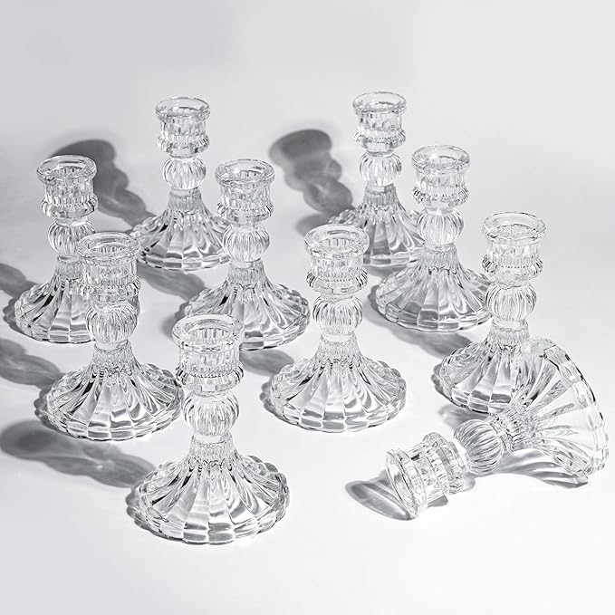 10 Pcs 4" Tall Glass Candlestick Holders Bulk Clear Glass Taper Candle Holder Set Crystal Candle Holders for Table Centerpiece, Candlesticks Holder Decor for Wedding, Thanksgiving, Valentine's Day