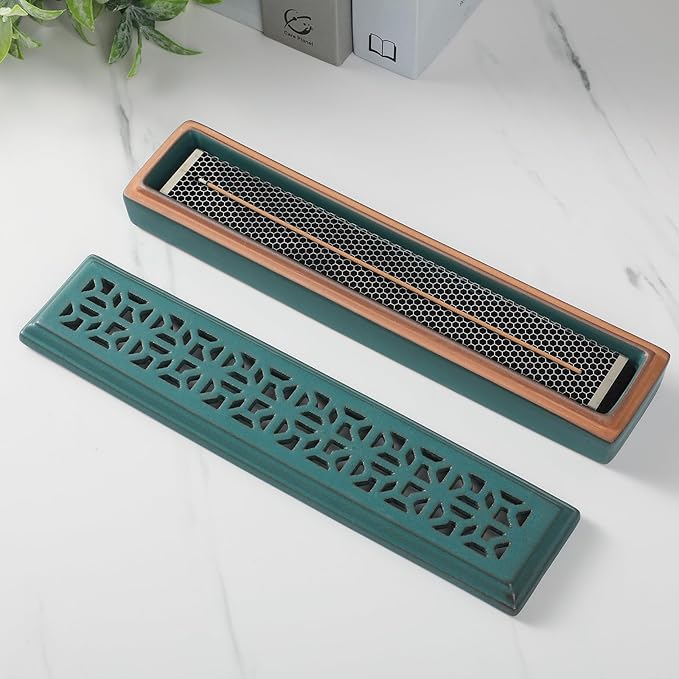 Incense Holder,Ceramic Incense Holder for Sticks with Ash Catcher,Coffin Style Incense Box,Incense Burner for Meditation Yoga Spa Room Decor(Green)