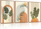 KAIRNE Boho Canvas Wall Art,Tropical Palm Leaf Wall Decor,Mid-Century Geometric Illustrations Set of 3(16”X24”),Abstract Line Pictures,Modern Botanical Prints for Living Room Bedroom Dining Room Decor