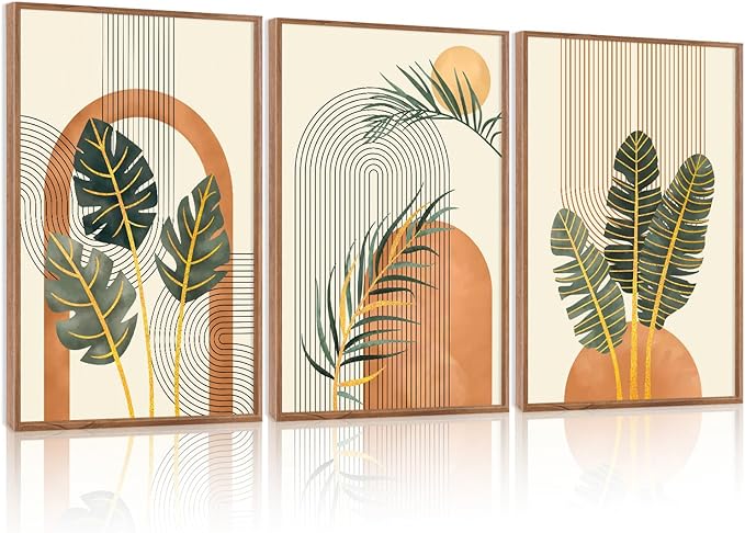 KAIRNE Boho Canvas Wall Art,Tropical Palm Leaf Wall Decor,Mid-Century Geometric Illustrations Set of 3(16”X24”),Abstract Line Pictures,Modern Botanical Prints for Living Room Bedroom Dining Room Decor