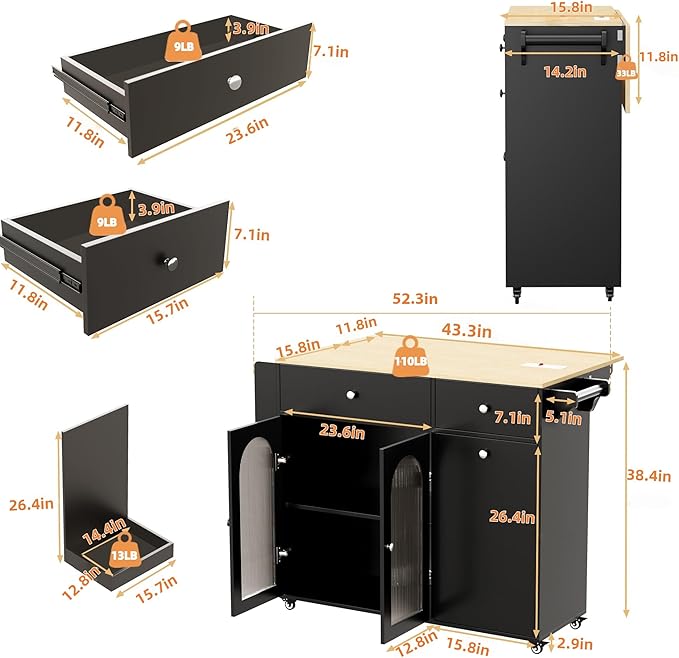 Kitchen Island with Drop Leaf & Power Outlet, Rolling Kitchen Island on Wheels with Trash Can Storage, Island Table Bar Cart with Spice Rack, Towel Rack, Drawers, Mobile Kitchen Carts on Wheels