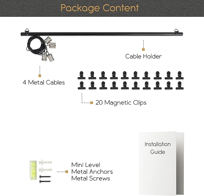 You Have Space Hanging Picture Display Photo Holder with 4 Metal Cable Strings and 20 Magnetic Clips Metal Black