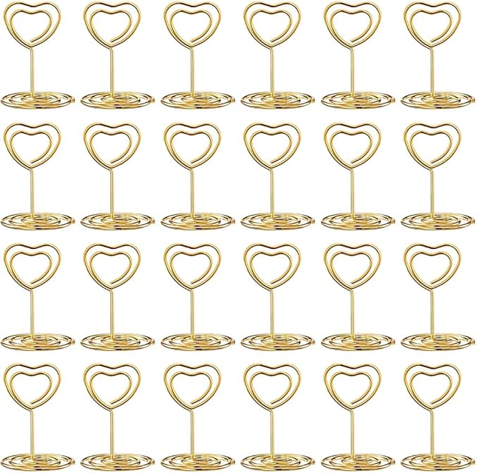 24 Pcs Mini Place Card Holders and 24 Pcs Place Cards with Gold Foil Border, Table Number Stand with Heart Shape, Table Card Holder Photo Picture Holder Memo Menu Clips for Wedding, Birthday