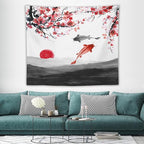 Houselerax Japanese Koi Fish Tapestries, Cherry Blossoms Asian Oriental Flower Branch Koi Fish Carp Tapestry Wall Hanging for Bedroom Living Room Office Decor 60"x50"