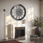 30 Inch Industrial Steampunk Wall Clock, Gray, Battery Operated, Real Rotating Gears, Solid Wood Frame, Oversized Wall Clock for Living Room Decor