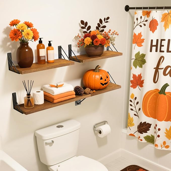 BAYKA Wall Shelves for Bedroom Decor, Floating Wall Shelves for Living Room Kitchen Storage, Wall Mounted Rustic Wood Floating Shelves for Kids Books, Corner Shelf for Bathroom(Rustic Brown，Set of 4)