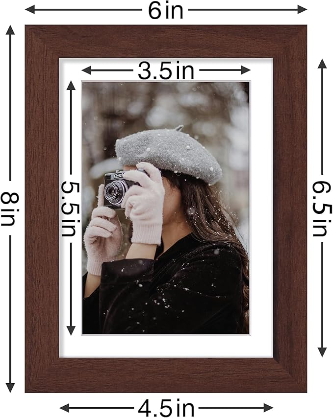 Vittanly 5x7 Picture Frames Set of 9, Shatter Resistant Plexiglass, Display 4x6 Pictures with Mat or 5x7 without Mat, Photo Frames for Wall or Tabletop, Engineered Wood, Walnut