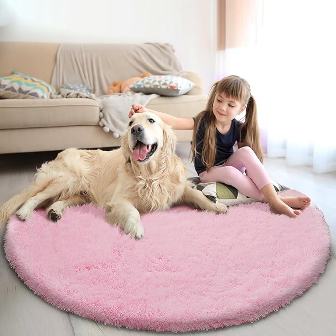 Pink Fluffy Round Area Rugs for Bedroom,5'X5'Shag Circle Area Rugs for Girls Room,Non Slip Fuzzy Plush Rug for Kids Room Living Room and Dorm Home Decor Rug