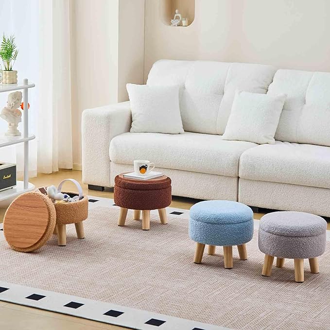 Wimarsbon Storage Ottoman, Modern Round Footrest with Soft Padded Seat, Teddy Velvet Footstool with Wood Legs, Accent Small Table or Plant Stand for Hallway, Living Room (Brown)