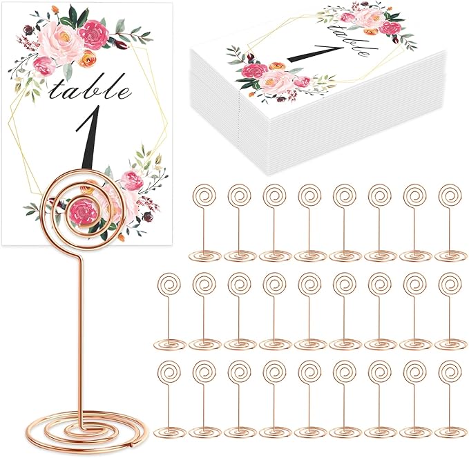26 PCS Table Number Holder - Table Card Holder Stand Wire Photo Holder with 26 Pcs Floral Table Number Cards, Place Card Holder Stand for Weddings Party Office Paper Memo Menu Note Clips