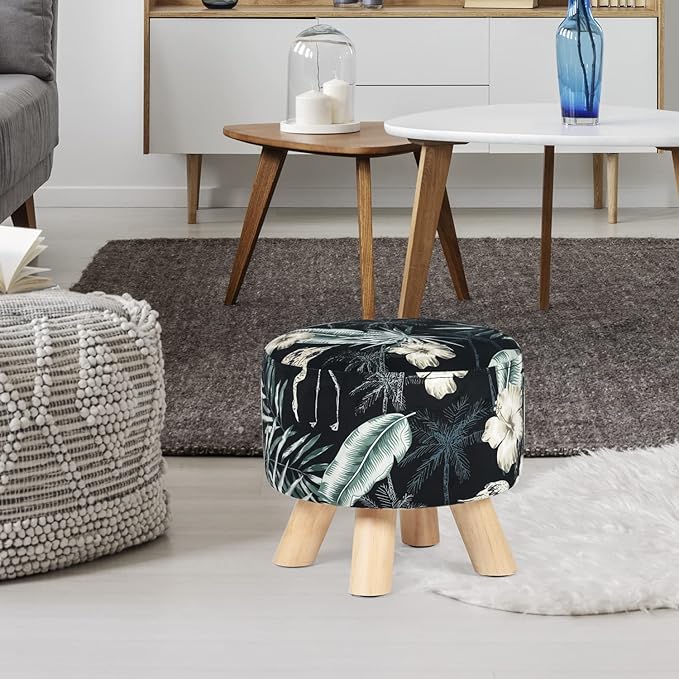 Asense Round Small Footrest Ottoman Velvet Fabric Padded Footstools with Anti-Slip Wooden Legs, Patterns Black