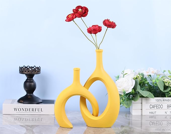 WUBIANJIE Yellow Ceramic Vase - Modern Boho Decor, Mustard Yellow, Round, Anti-Slip Base, Perfect for Living Room, Bedroom, Bathroom