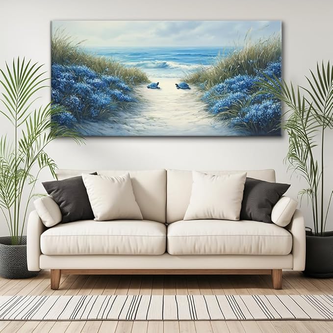 LASMOND Romantic Beach Wall Art for Living Room Blue Sea Turtle Lovers Canvas Painting Prints Ocean Sandy Romance Flowers Large Bedroom Office Decor Artwork (58x28 Inches)