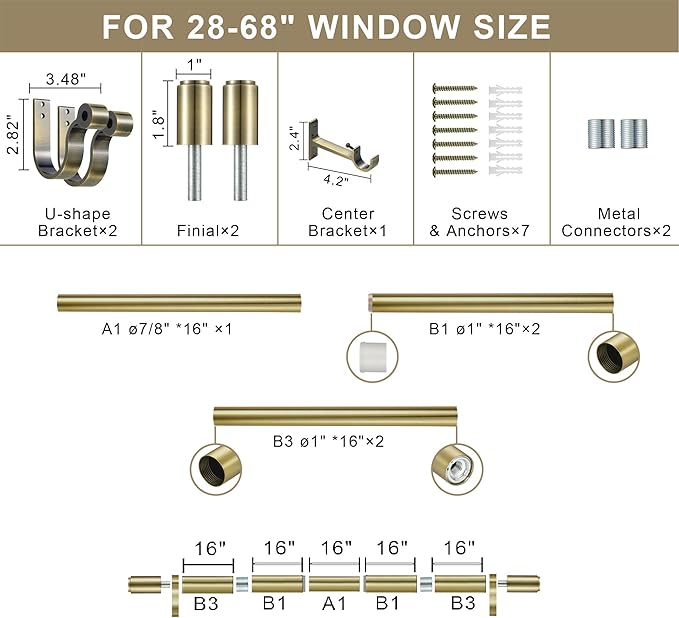 Curtain Rods for 28-68” Windows, Splicing Construction, 1” Adjustable Drapery Rod with Aluminum Alloy Brackets and Finials for Window, Sliding Door, Patio, Living Room Decoration, Antique Bronze