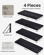 BAYKA Wall Mounted Floating Shelves, Wood Floating Wall Shelf for Books & Decor, Small Space-Saving Display & Organizer（Black，Set of 4）