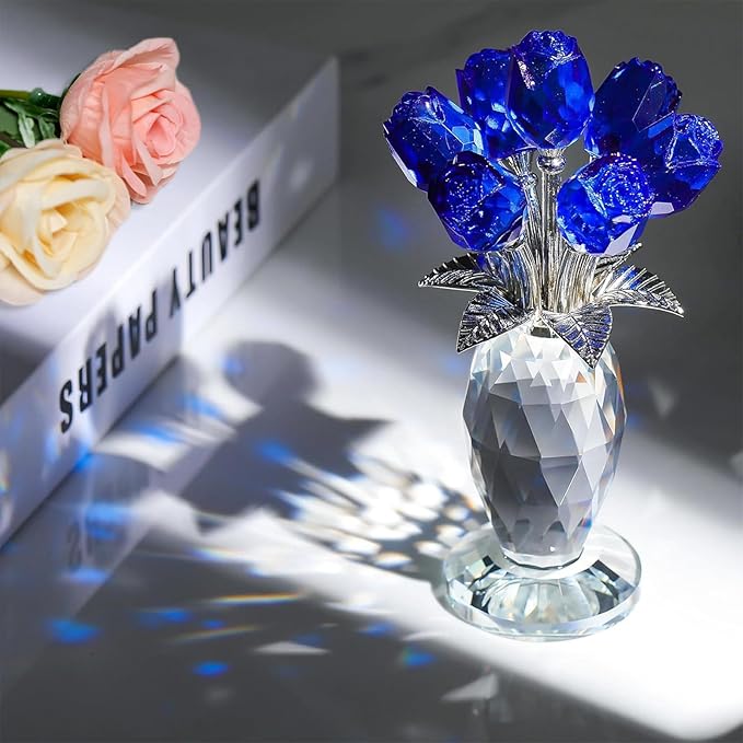 Glass Rose Flowers, Crystal Glass Figurines Rose Decorations for Home Gifts for Mom Wife Grandma, Crystal Flowers Collectible Ornament Mother's Day Thanksgiving Anniversary Birthday Gifts (Blue Rose)