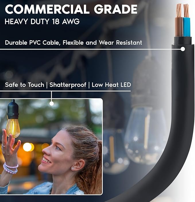 LUXRITE 24FT LED Outdoor String Lights, Commercial Grade Waterproof, 12 Edison S14 Shatterproof Bulbs, IP65, Decorative Hanging for Patio, Backyard, Garden, Cafe, Balcony