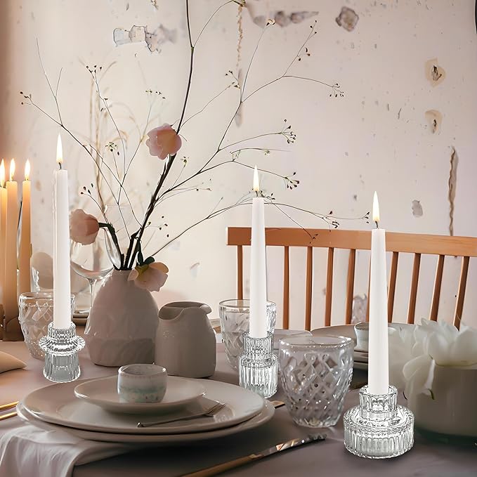 Double Sided Vintage Ribbed Taper Glass Candle Holders,Tea Candle Holder for Table Centerpieces, Wedding Decorations and Dinner Parties (Clear, 3 PCS)