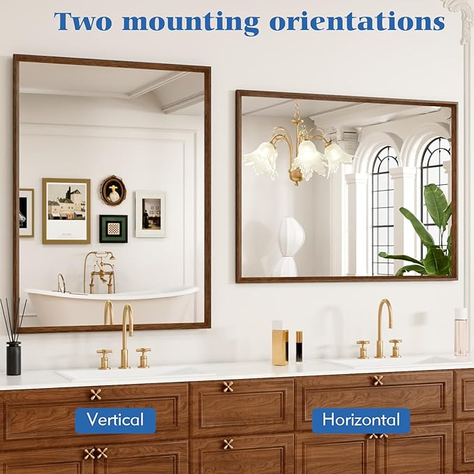 Rectangle Bathroom Mirror 30x36 Inch, Walnut Wood Grain Framed, Anti-Rust & 4mm Tempered Glass, Horizontal/Vertical Hanging Vanity Mirror for Bathroom & Bedroom