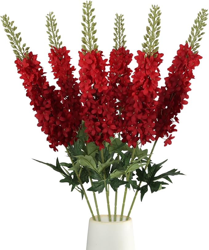 6PCS Delphinium Artificial Flowers 29.5" Realistic Red Silk Flowers Faux Snapdragon Flowers Long Stem Fake Hyacinth for Tall Vase Wedding Home Garden Decor (Red)
