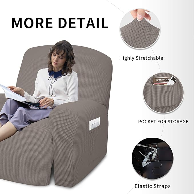 Easy-Going 4 Pieces Oversized Recliner Stretch Sofa Slipcover Sofa Cover Furniture Protector Couch Soft with Elastic Bottom Polyester Spandex Jacquard Fabric Small Checks Taupe,X-Large