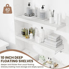 Floating Shelves Set of 2, 36 Inch Long Wooden Wall Shelves, 10 Inch Deep Wall Mounted Storage Shelf with Metal Brackets for Living Room, Bathroom, Bedroom and Kitchen, White