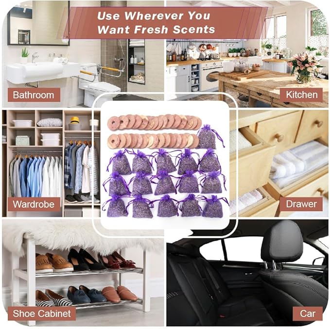 Pack of 30 Cedar Blocks and 16 Lavender Flower Sachets Craft Bag, Drawer Freshener, Linen, Shower Favor, Wedding and More, LV-E-LC-2